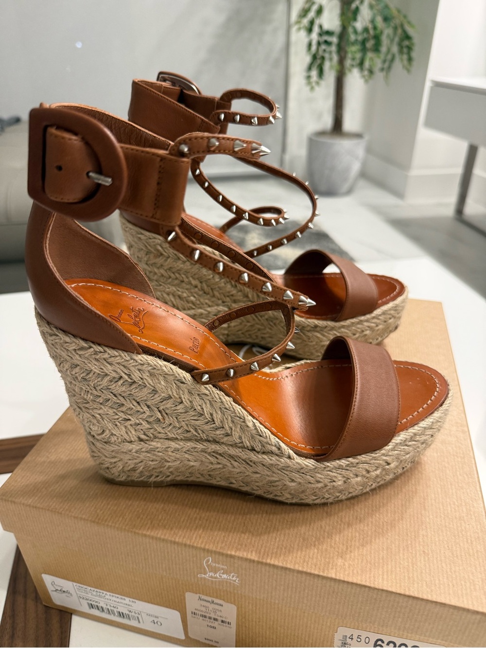 Christian Louboutin Natural Tan Chocazeppa Spikes Wedge Platform Espadrille 40